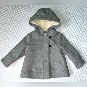 Old Navy Wool Blend Gray Infant Girl Dress Coat Sherpa Lined Hood Size 12-18 mth